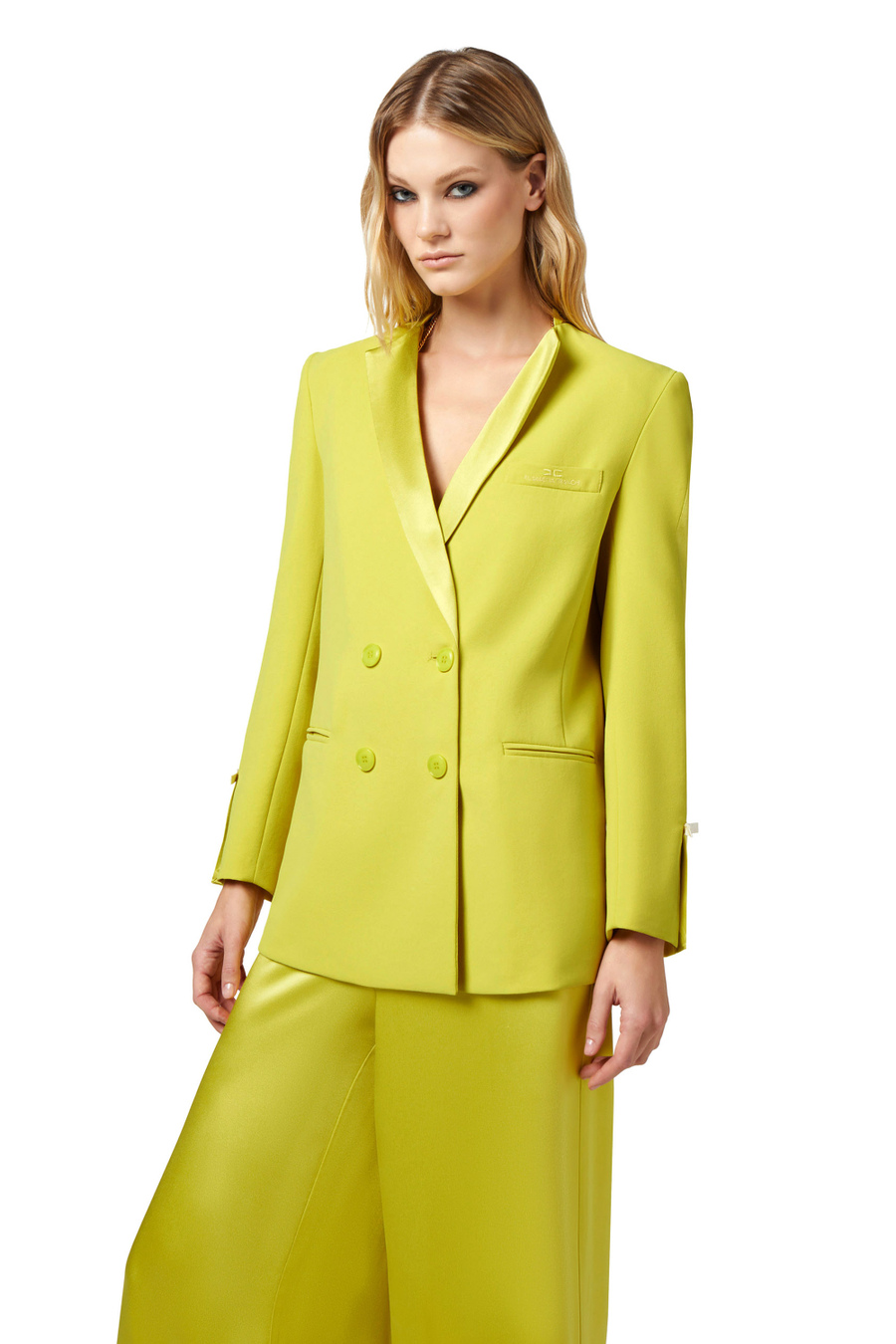 Crêpe double-breasted jacket with satin lapels - Elisabetta Franchi® Outlet