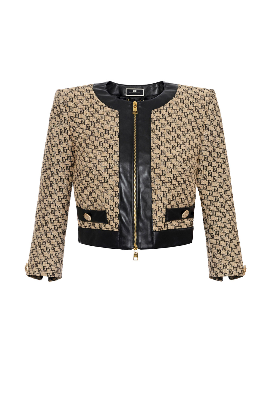 Cropped jacket in jacquard raffia - Elisabetta Franchi® Outlet