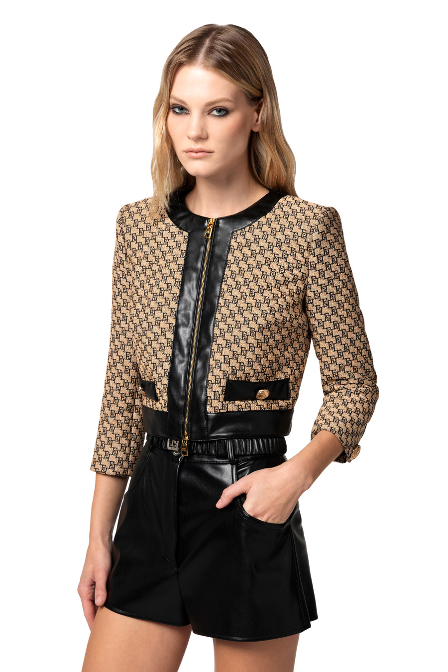 Cropped jacket in jacquard raffia - Elisabetta Franchi® Outlet