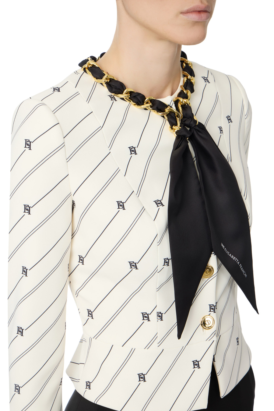 Crêpe jacket with logo print and foulard scarf chain - Elisabetta Franchi® Outlet