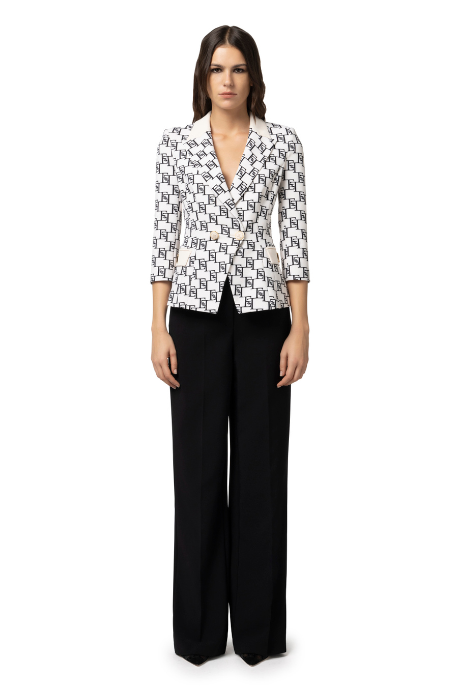 Double-breasted crêpe jacket with logo print and plaque - Elisabetta Franchi® Outlet