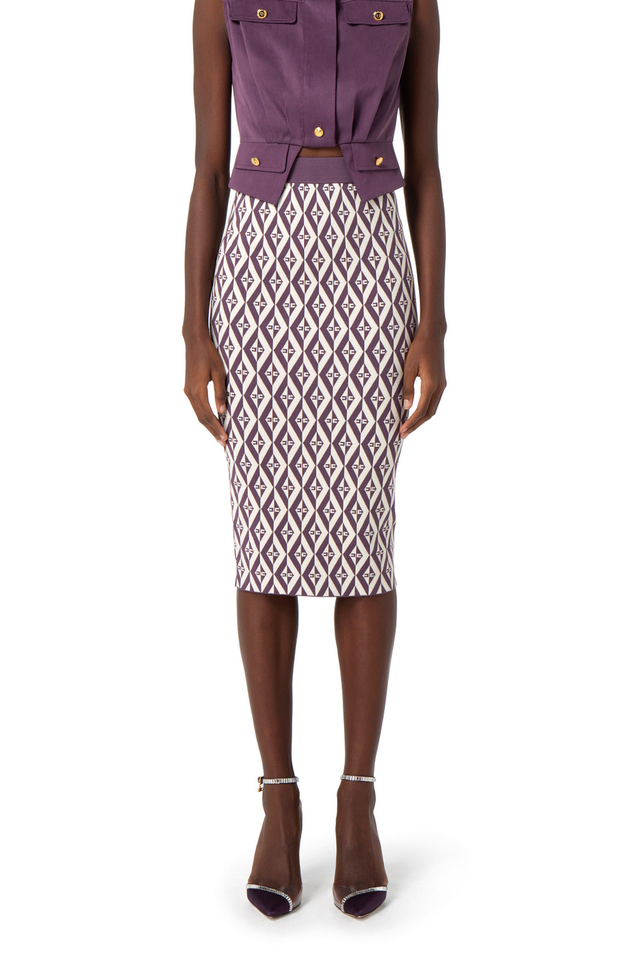 Knit calf-length skirt with diamond print - Elisabetta Franchi® Outlet