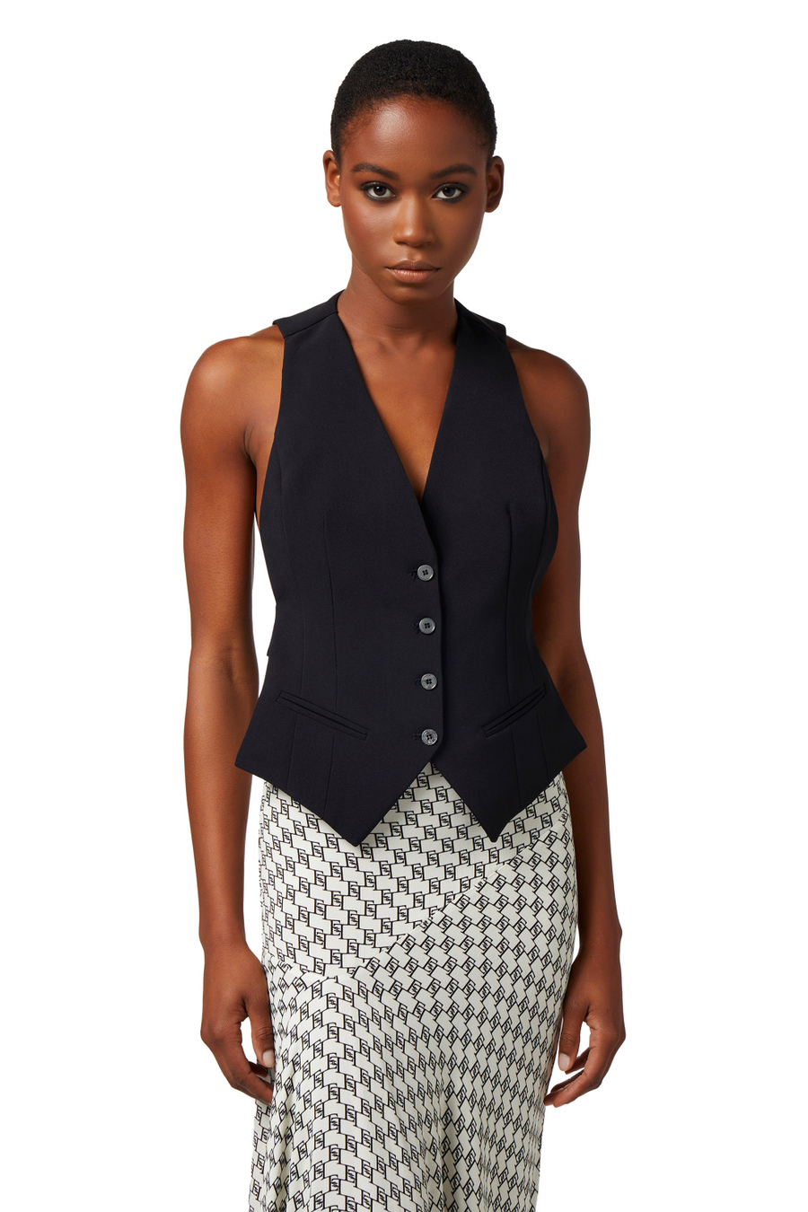 Waistcoat in crêpe fabric with logo embroidery - Elisabetta Franchi® Outlet