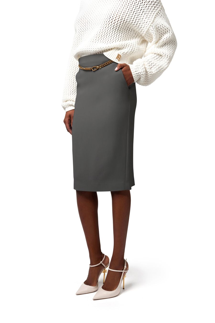 Viscose gabardine midi skirt with belt - Elisabetta Franchi® Outlet