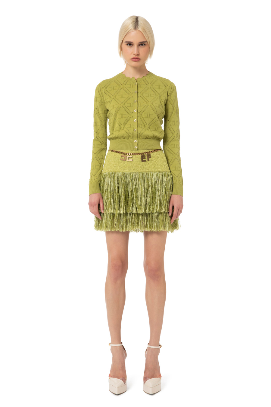 Tweed miniskirt with fringes - Elisabetta Franchi® Outlet