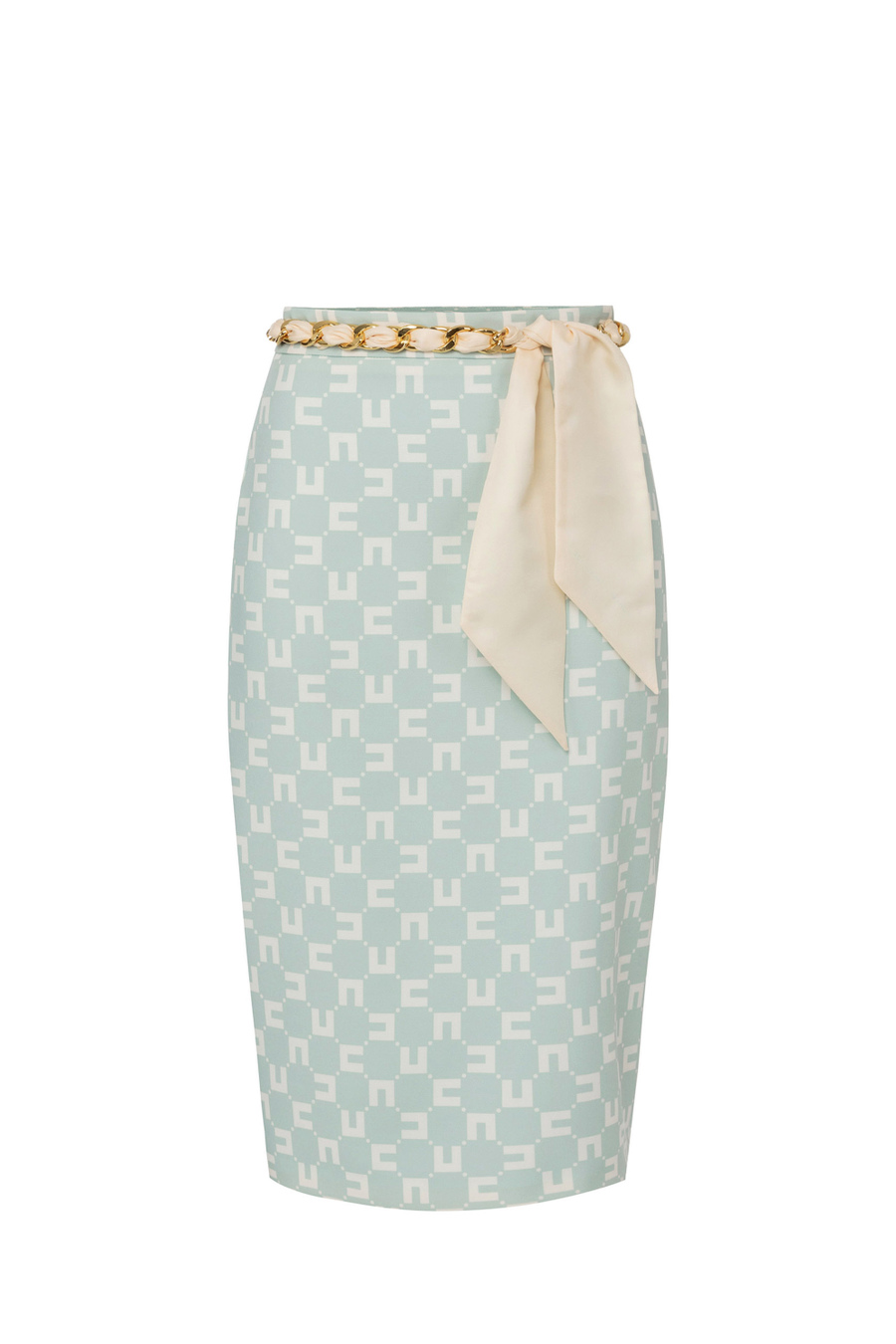 Midi-Rock aus Stretch-Crêpe mit Logo-Print und Gürtel mit Tuch - Elisabetta Franchi® Outlet