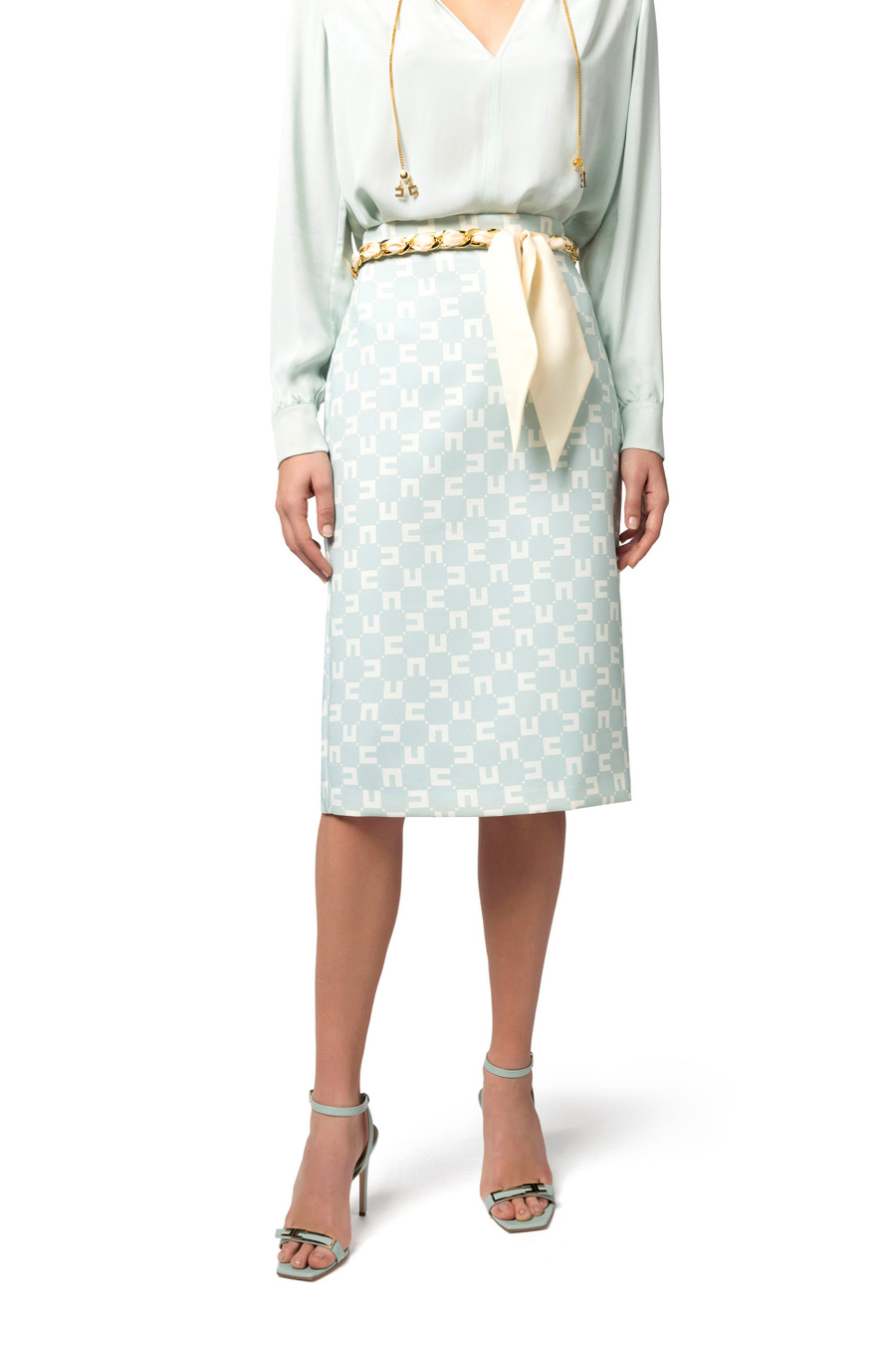 Midi-Rock aus Stretch-Crêpe mit Logo-Print und Gürtel mit Tuch - Elisabetta Franchi® Outlet