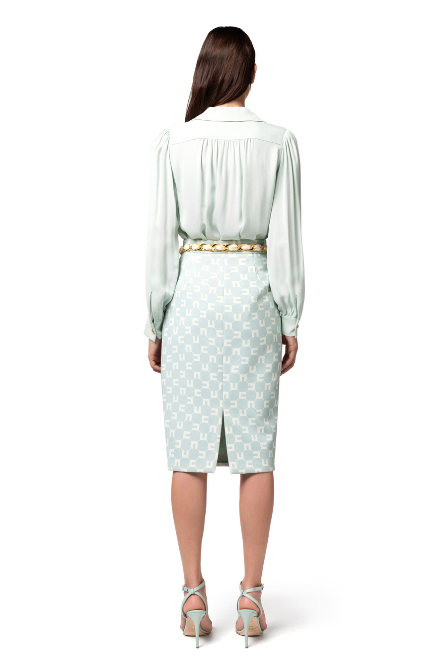 Midi-Rock aus Stretch-Crêpe mit Logo-Print und Gürtel mit Tuch - Elisabetta Franchi® Outlet