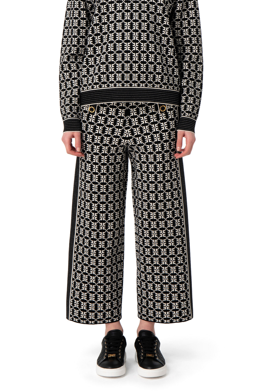 Palazzo trousers in jacquard knit fabric with logo - Elisabetta Franchi® Outlet