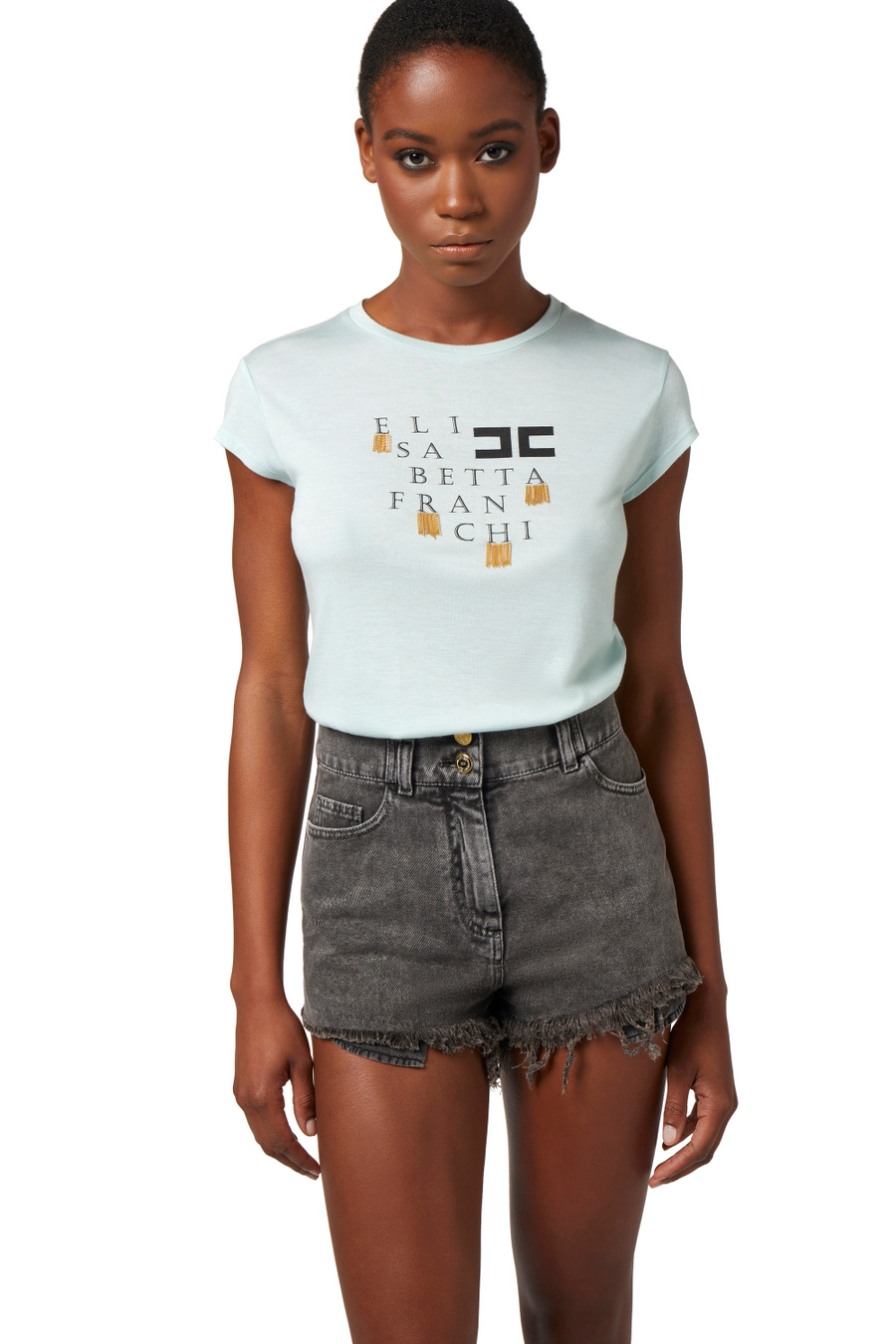 Jersey t-shirt with logo and fringes - Elisabetta Franchi® Outlet