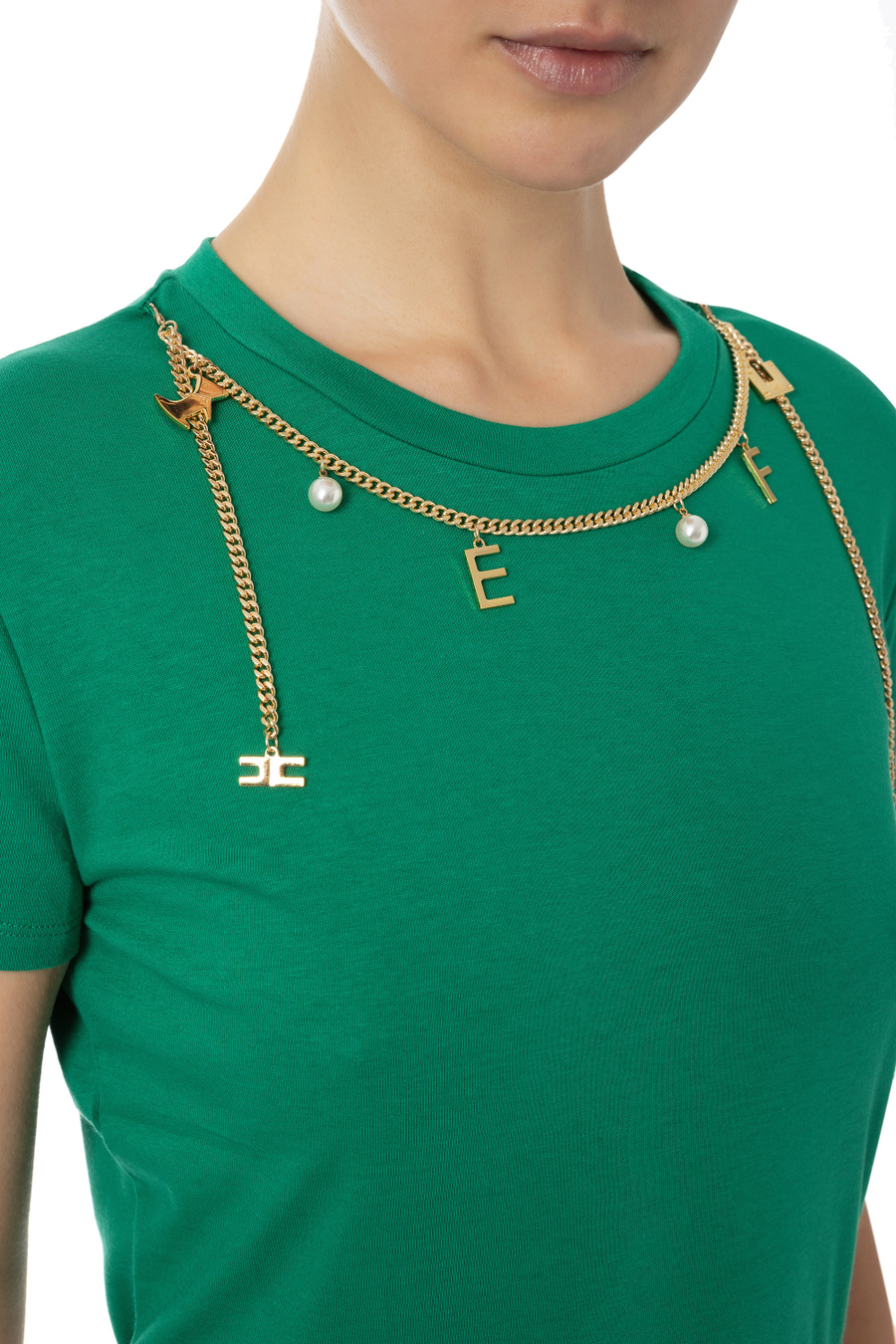 Cotton T-shirt with chain - Elisabetta Franchi® Outlet