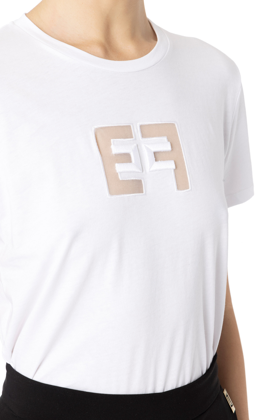 Jersey T-shirt with embroidered organza logo - Elisabetta Franchi® Outlet