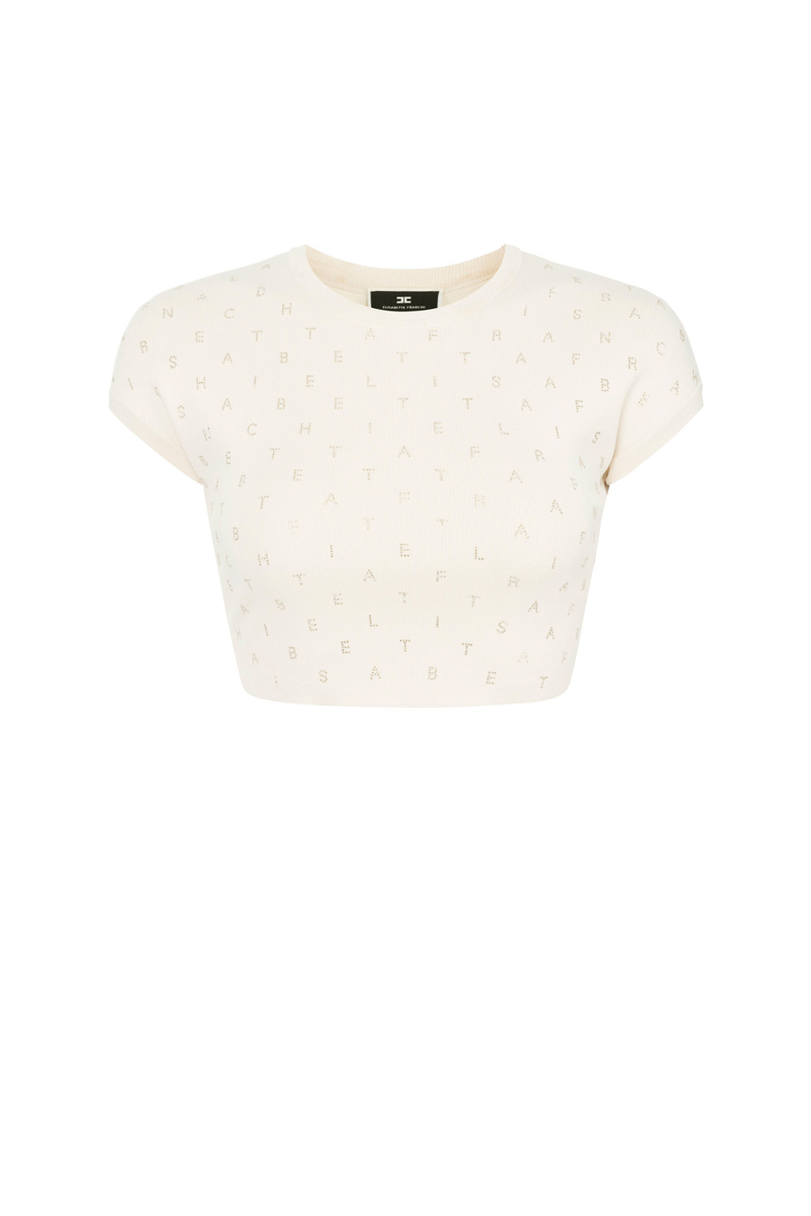 Cropped top in viscose with rhinestone lettering - Elisabetta Franchi® Outlet