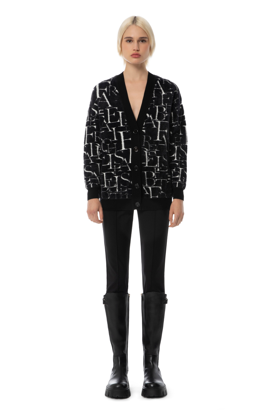 Oversized cardigan in knit fabric with lettering - Elisabetta Franchi® Outlet