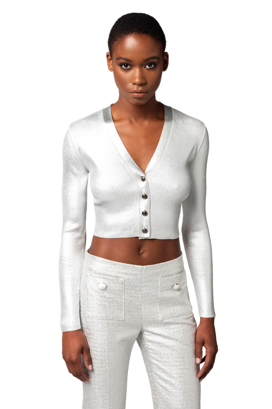 Cropped cardigan in laminated viscose fabric - Elisabetta Franchi® Outlet