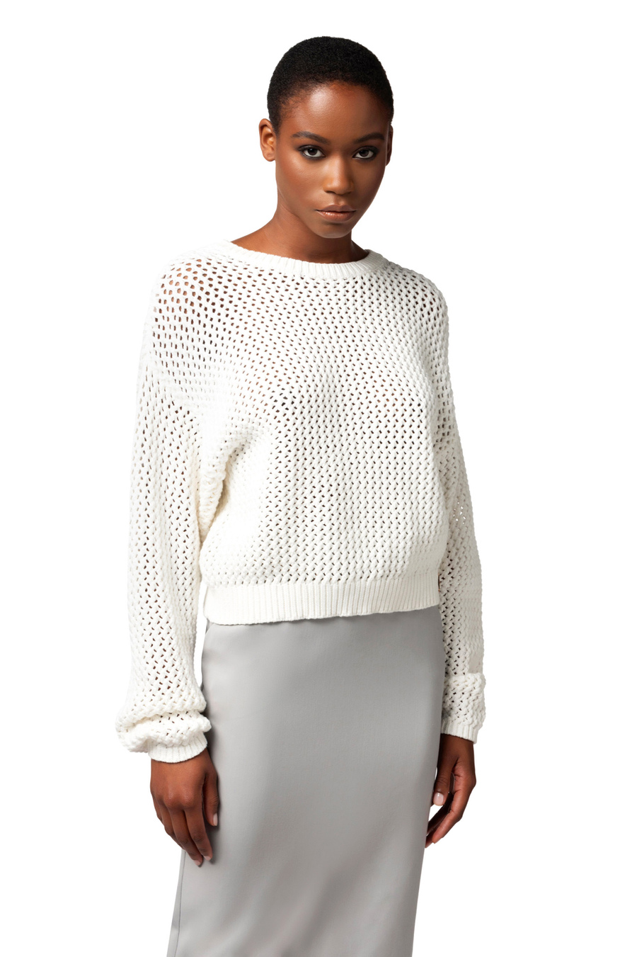 Maglia in cotone punto rete con strass - Elisabetta Franchi® Outlet