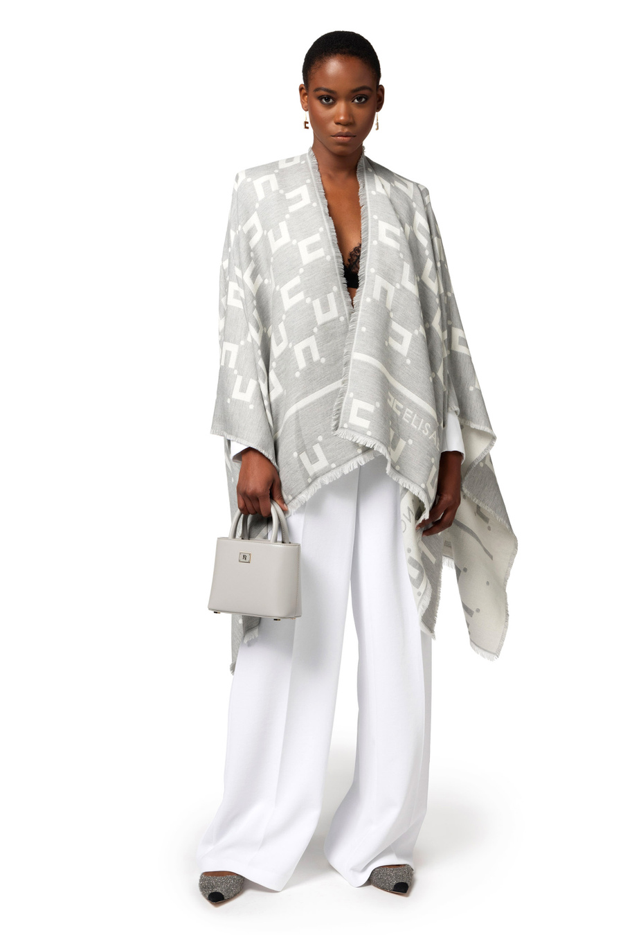 Mantella in viscosa e lana jacquard con logo - Elisabetta Franchi® Outlet