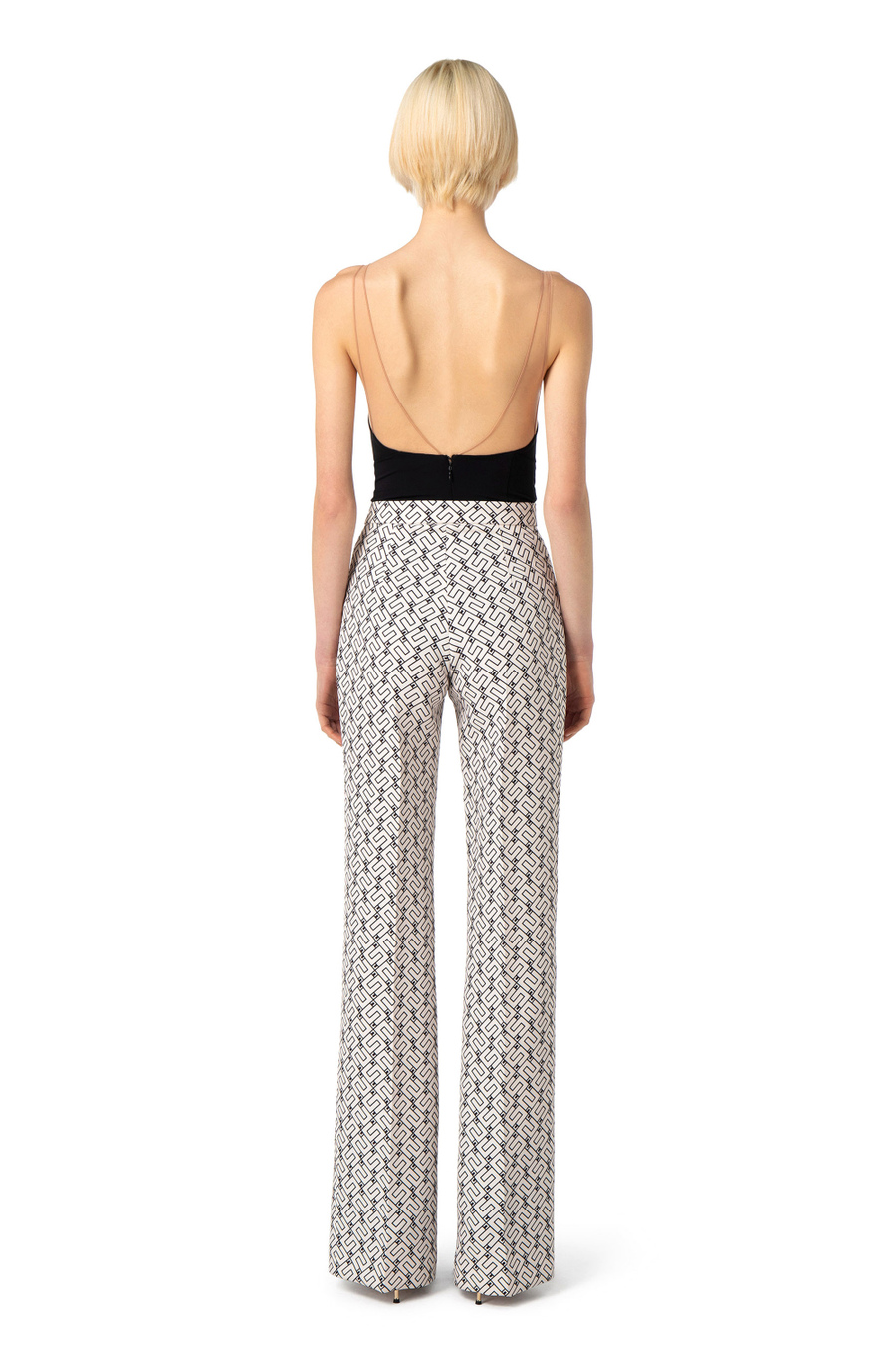Palazzo trousers in crêpe fabric with logo print - Elisabetta Franchi® Outlet