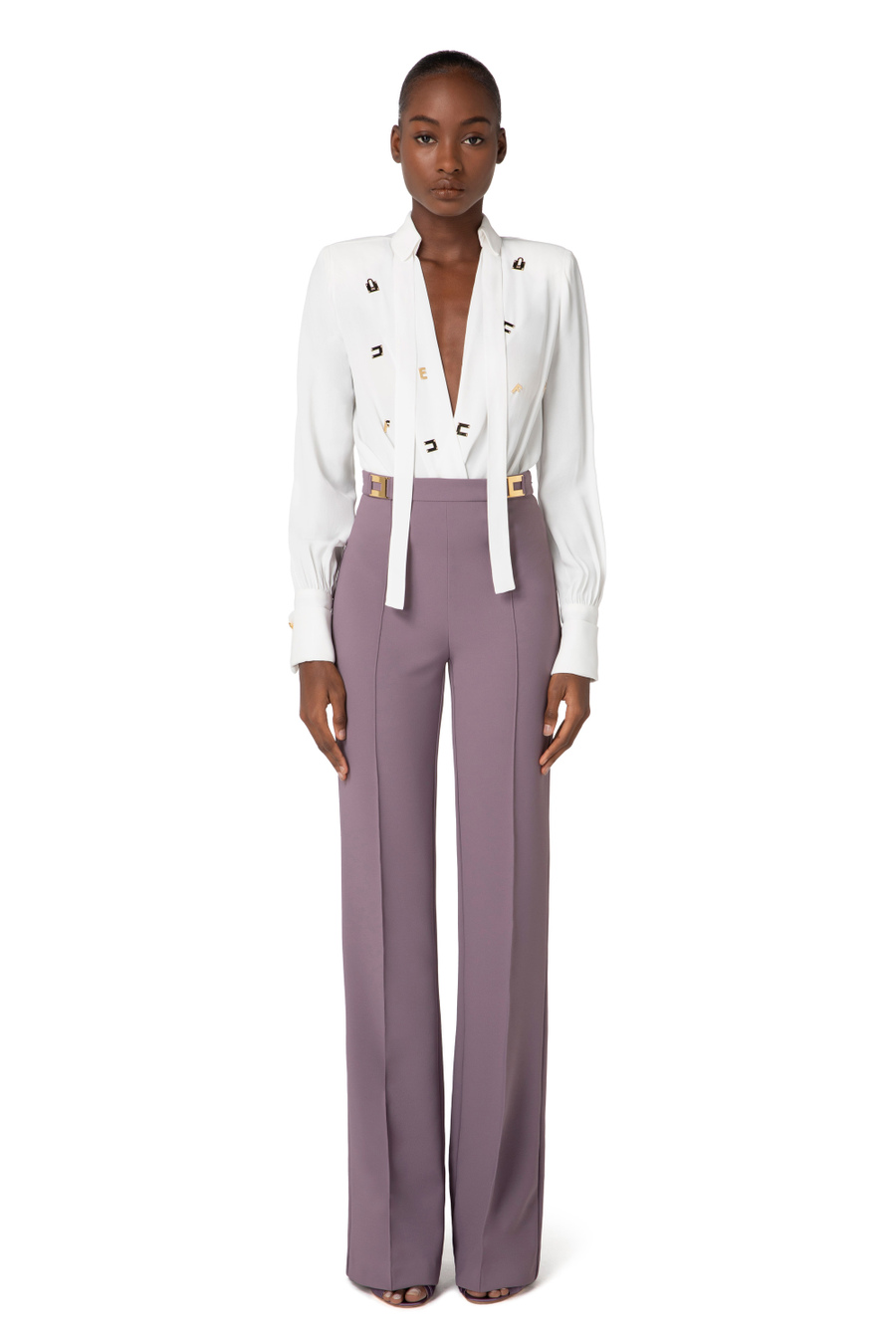 Crêpe palazzo trousers with logo plaques - Elisabetta Franchi® Outlet