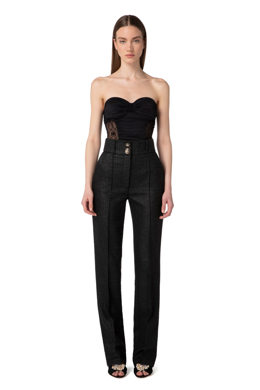 Pantalone dritto in tweed laminato - Elisabetta Franchi® Outlet