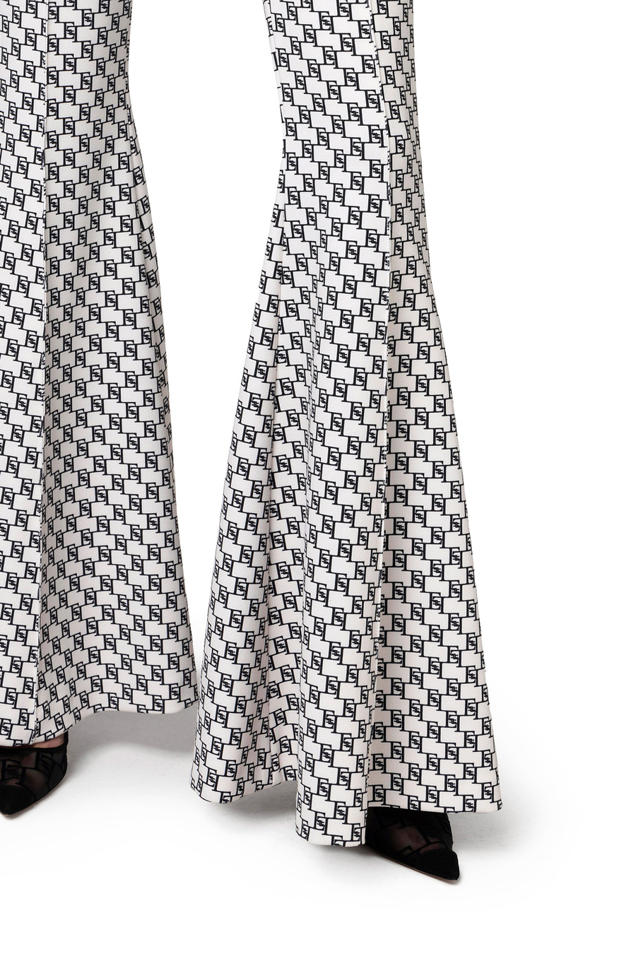 Bell-bottom trousers in stretch crêpe fabric with logo print - Elisabetta Franchi® Outlet
