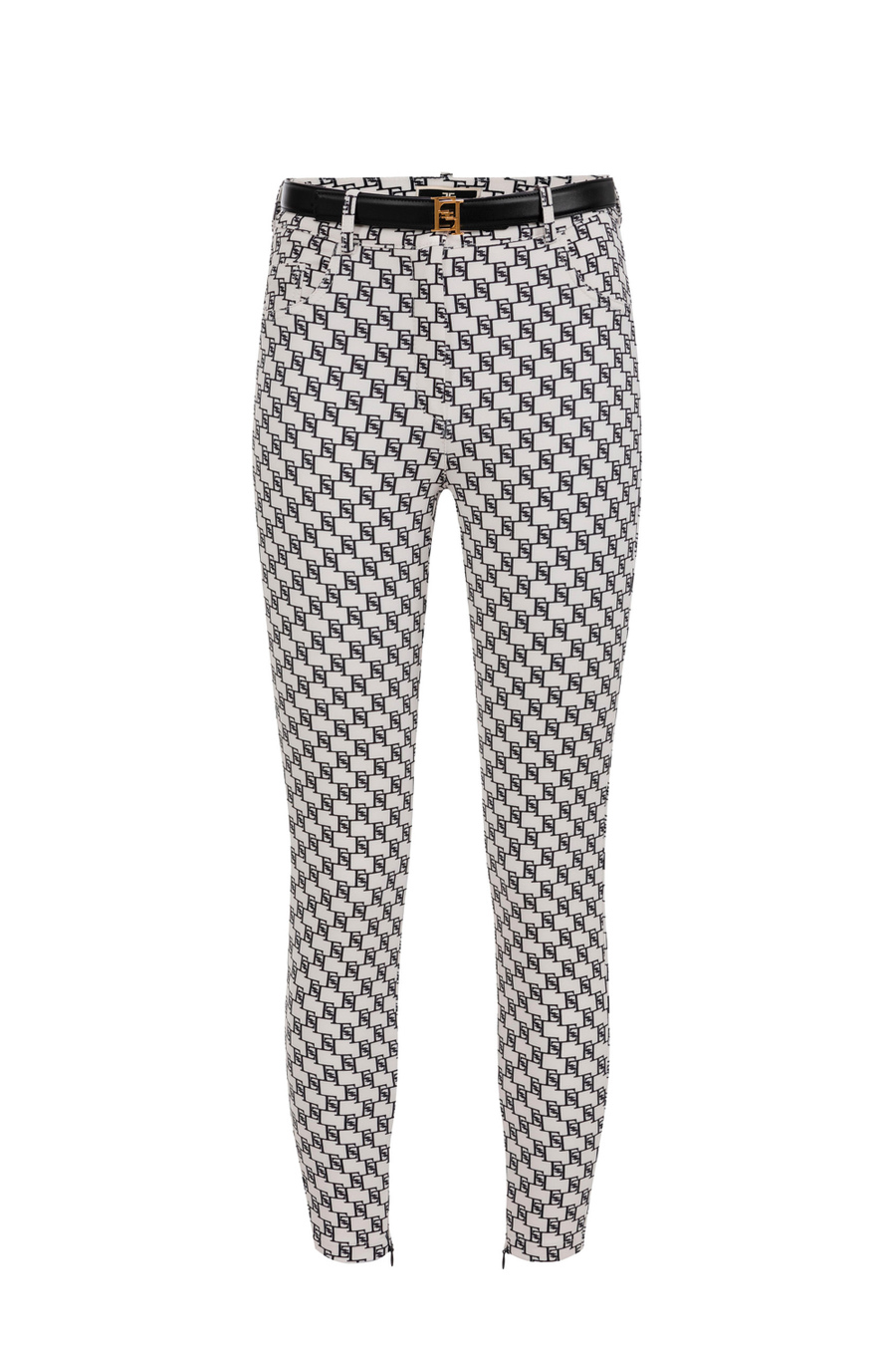 Five-pocket trousers in double layer crêpe fabric with logo print - Elisabetta Franchi® Outlet
