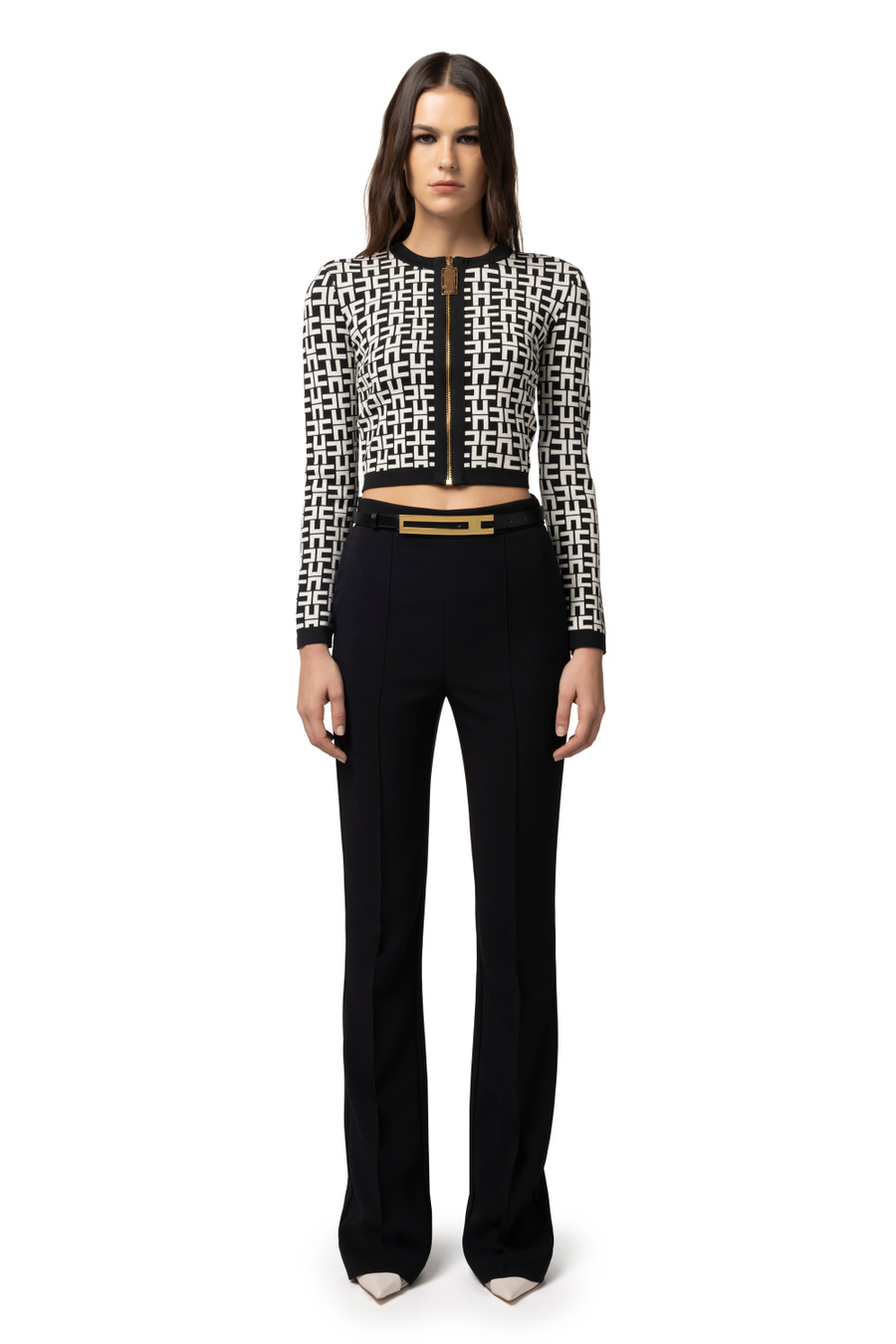 Straight trousers in stretch crêpe fabric with belt - Elisabetta Franchi® Outlet