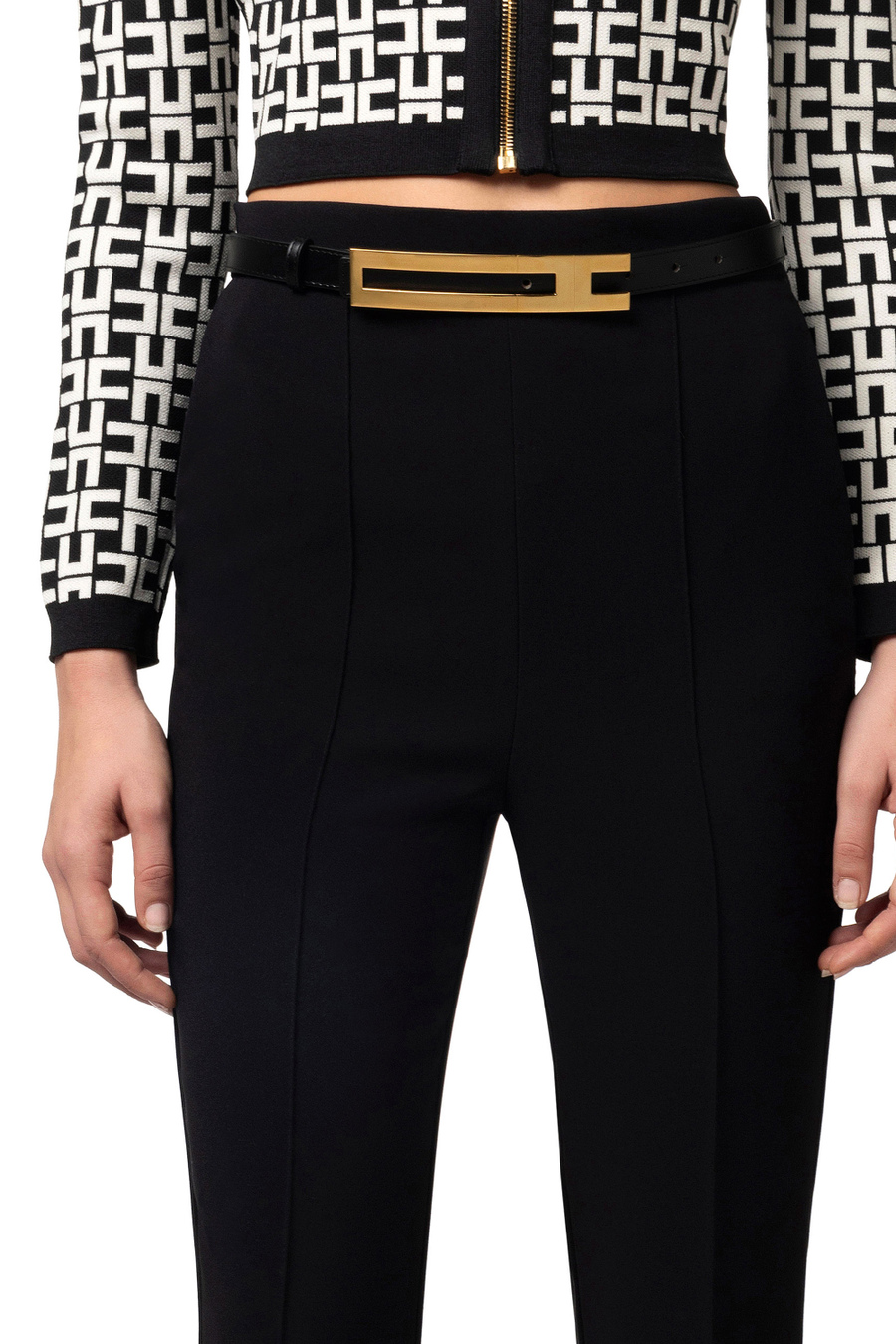 Straight trousers in stretch crêpe fabric with belt - Elisabetta Franchi® Outlet