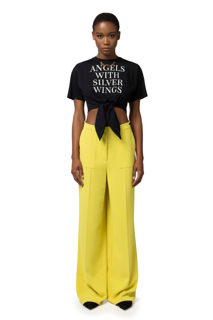 Crêpe straight fit trousers with logo label - Elisabetta Franchi® Outlet