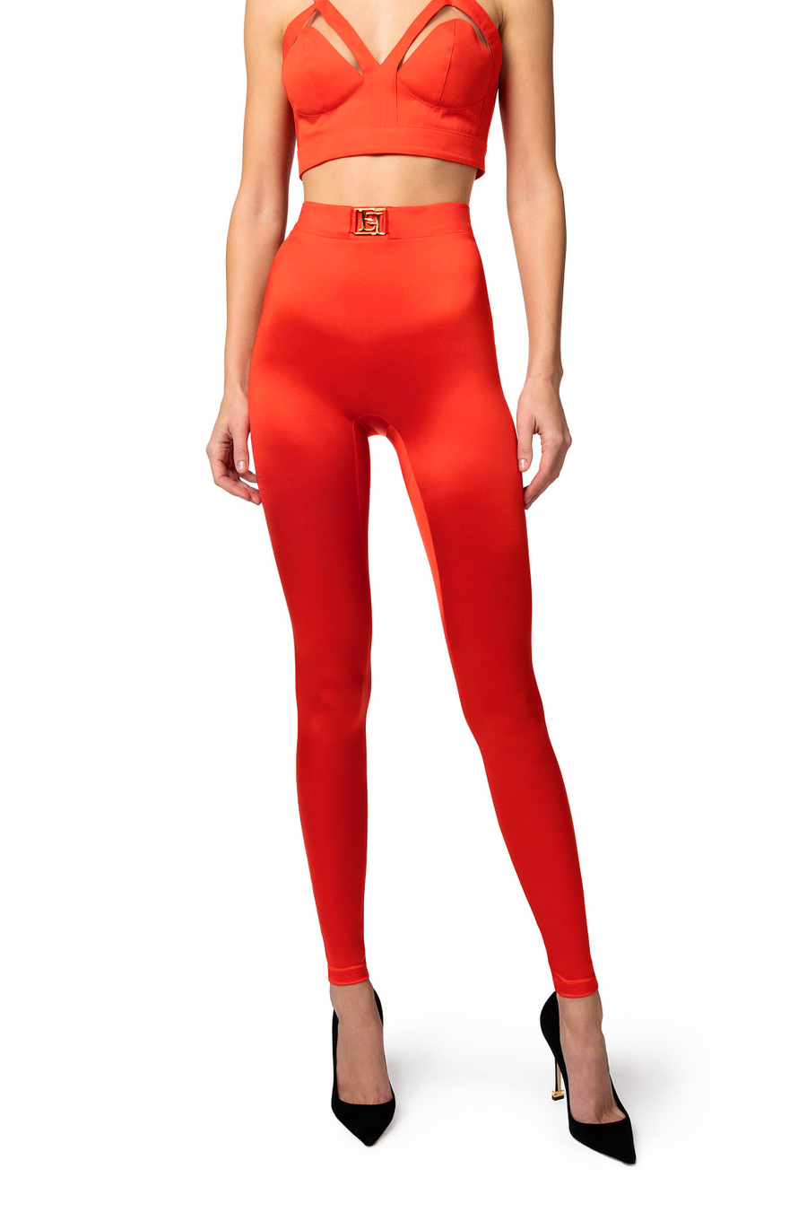 Lycra leggings with logo plaque - Elisabetta Franchi® Outlet