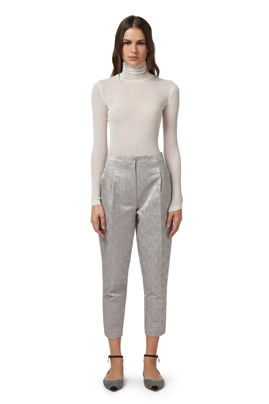 Straight trousers in jacquard satin with darts - Elisabetta Franchi® Outlet