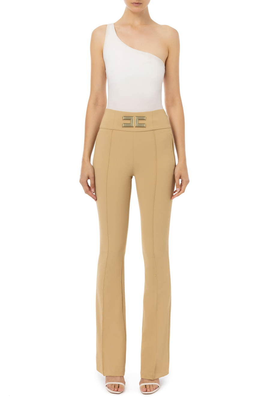 Bell-bottom trousers with plaque in the waistline - Elisabetta Franchi® Outlet