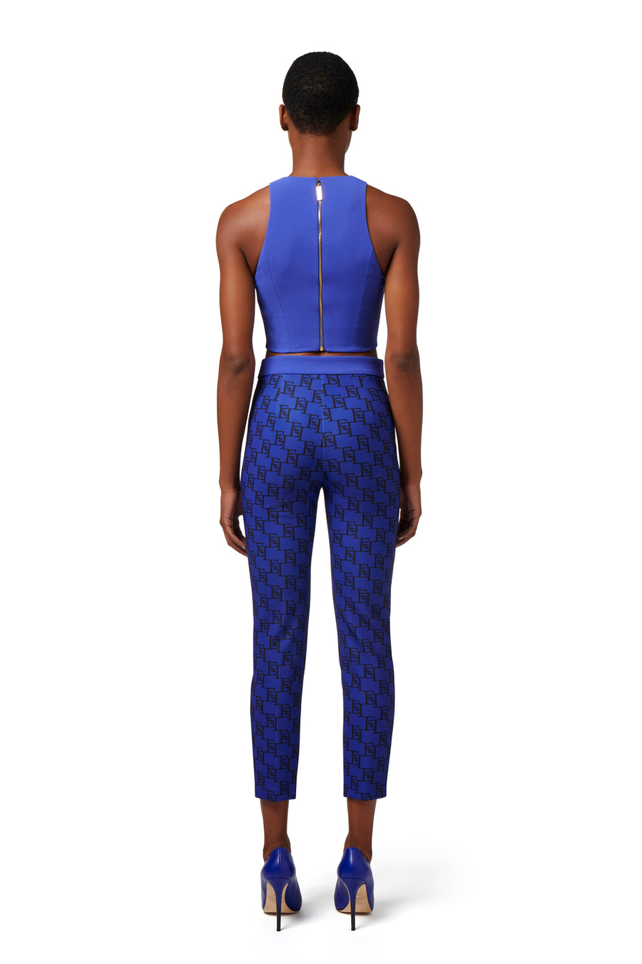Gerade geschnittene Hose aus Stretch-Crêpe mit Logo-Print - Elisabetta Franchi® Outlet