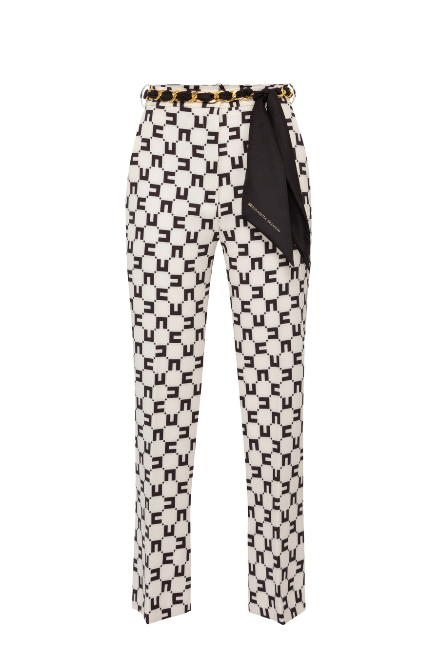 Boot-cut trousers in stretch crêpe with logo print and foulard scarf belt - Elisabetta Franchi® Outlet