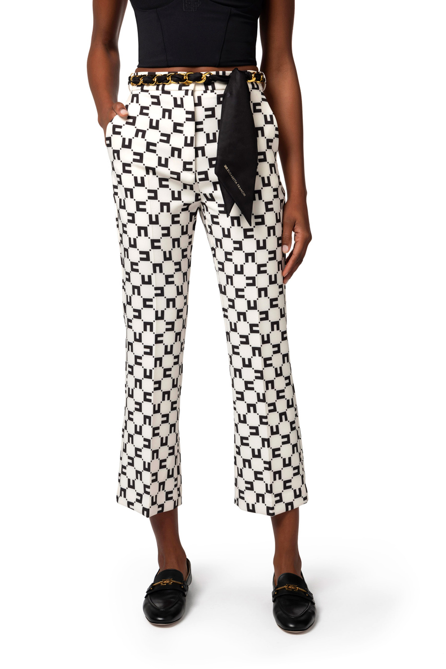 Boot-cut trousers in stretch crêpe with logo print and foulard scarf belt - Elisabetta Franchi® Outlet