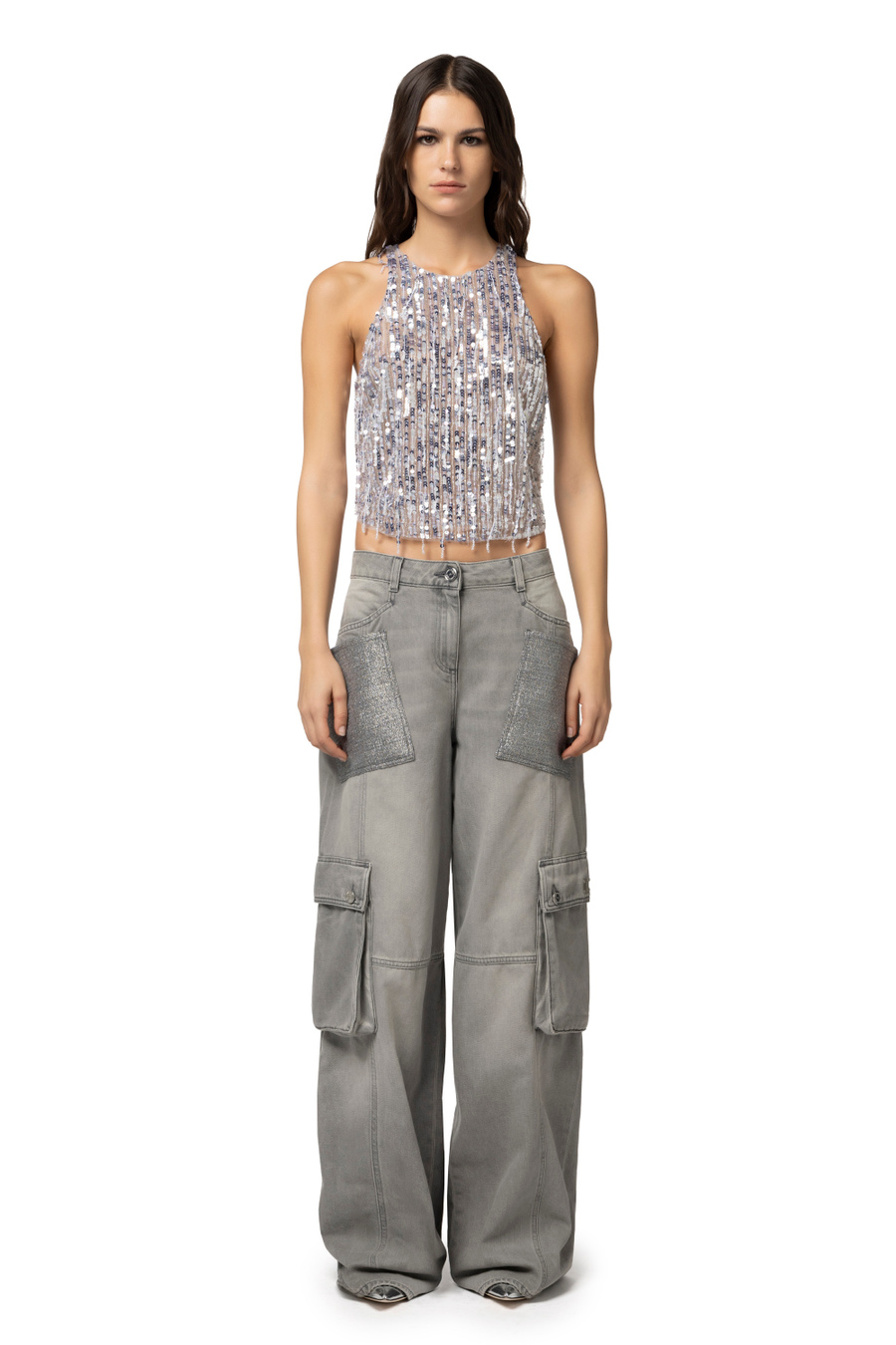 Cargo jeans with tweed pockets - Elisabetta Franchi® Outlet
