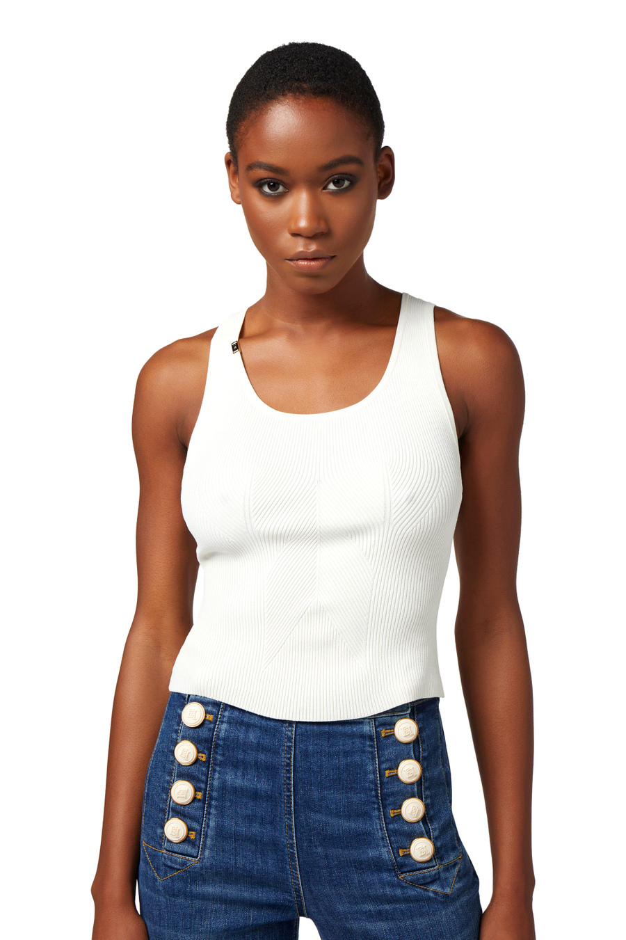 Fine ribbed viscose top with asymmetric neckline - Elisabetta Franchi® Outlet