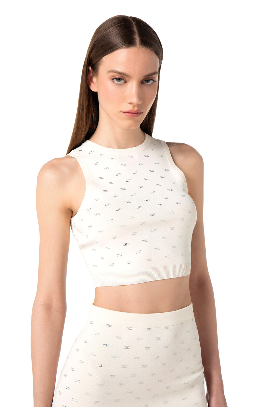 Crop top in maglia con pattern logo - Elisabetta Franchi® Outlet