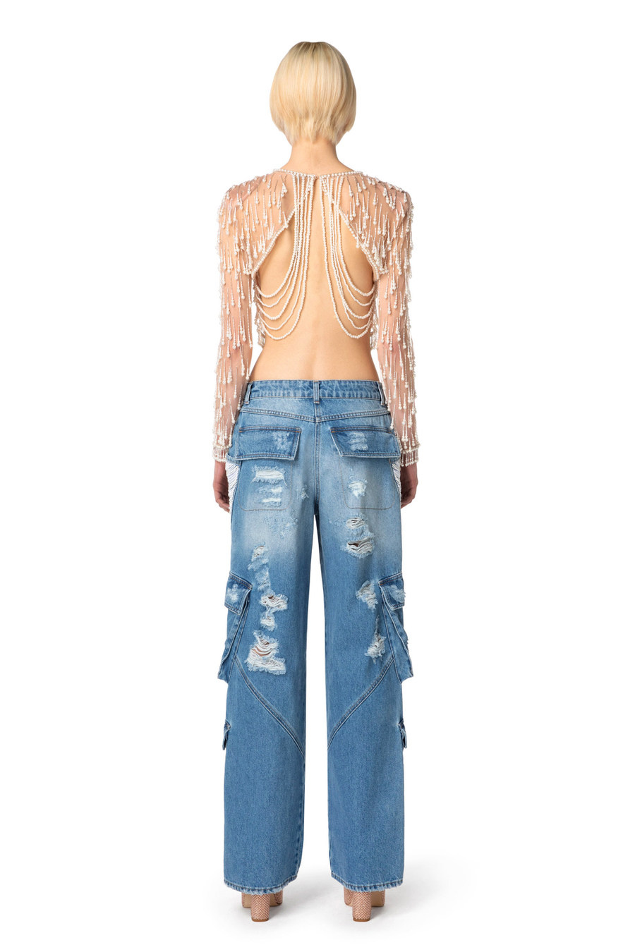 Top aus Tüll mit Perlenstickerei - Elisabetta Franchi® Outlet