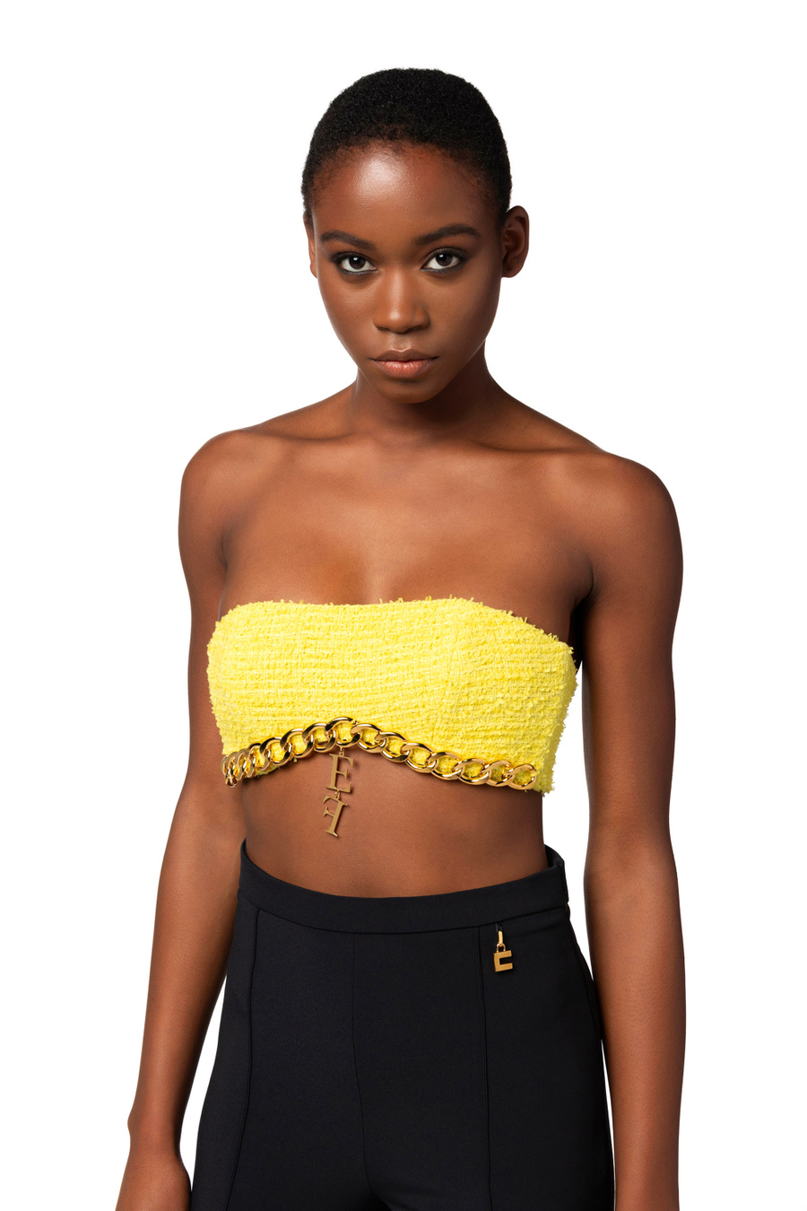 Tweed top with maxi chain - Elisabetta Franchi® Outlet
