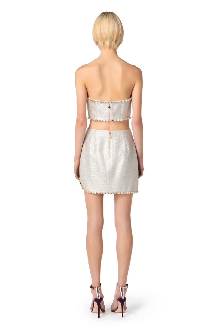 Top with laminated tweed and rhinestones - Elisabetta Franchi® Outlet