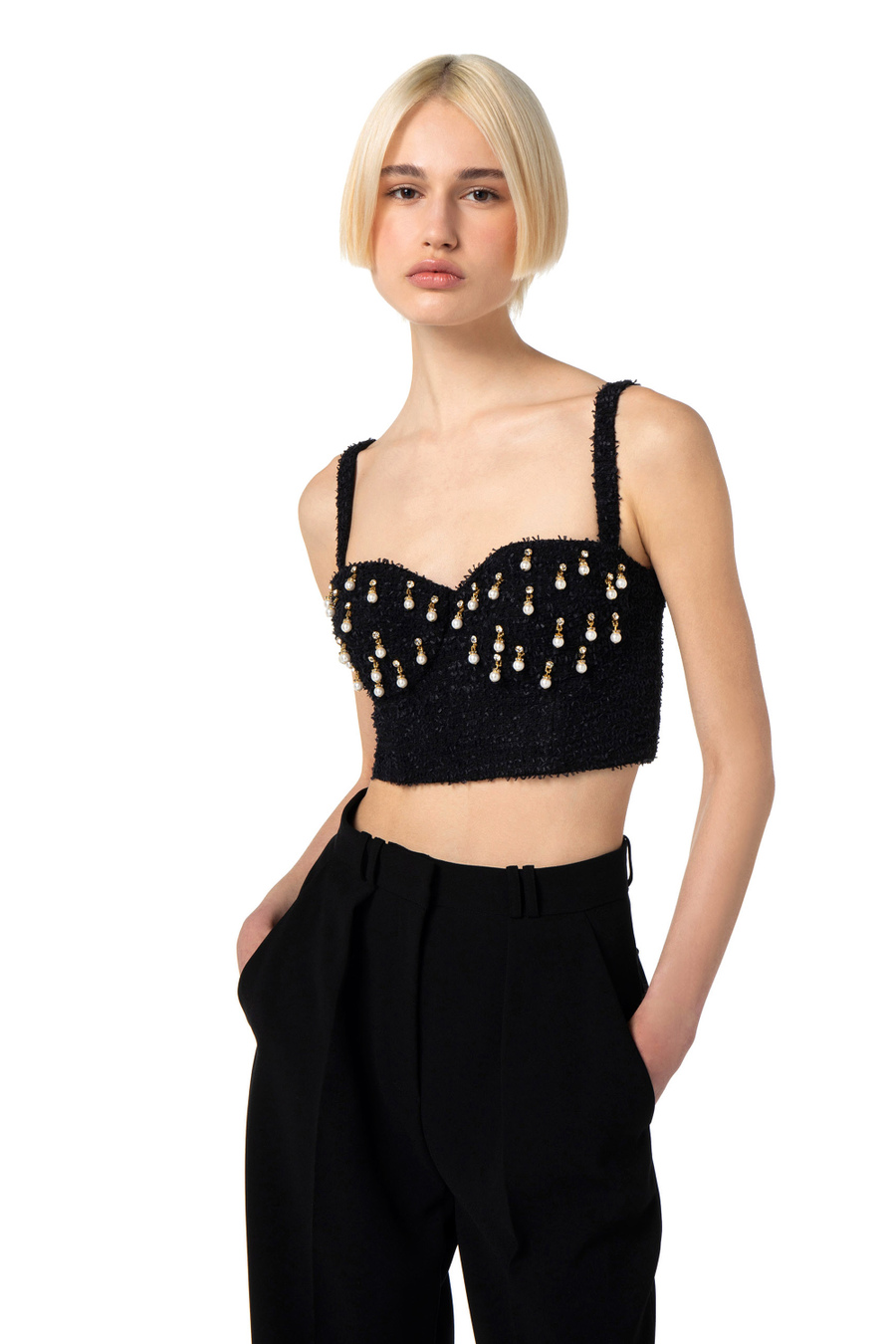 Bustier top in tweed with pearls - Elisabetta Franchi® Outlet