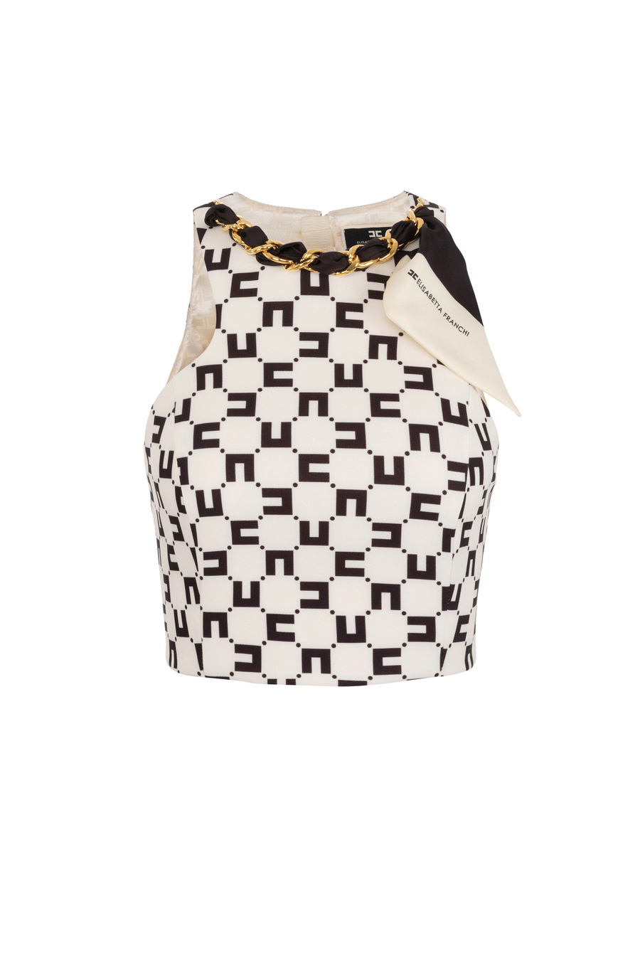 Stretch crêpe top with logo print and foulard scarf chain - Elisabetta Franchi® Outlet
