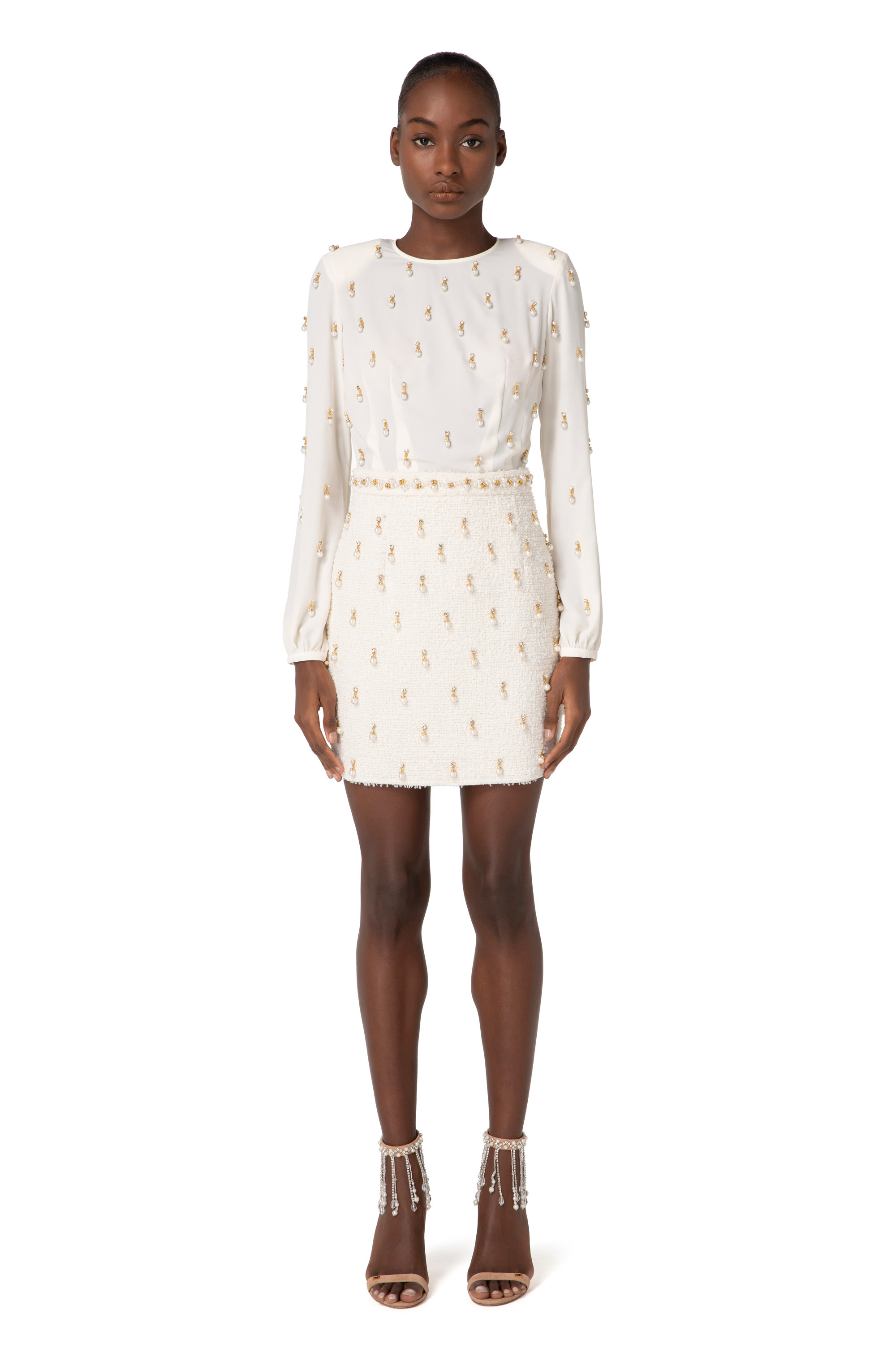 Mini-dress in embroidered georgette and tweed | Elisabetta