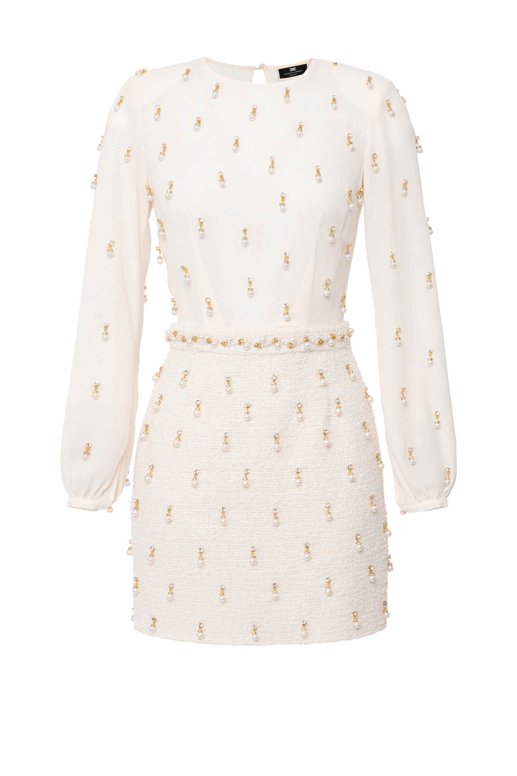 Mini-dress in embroidered georgette and tweed