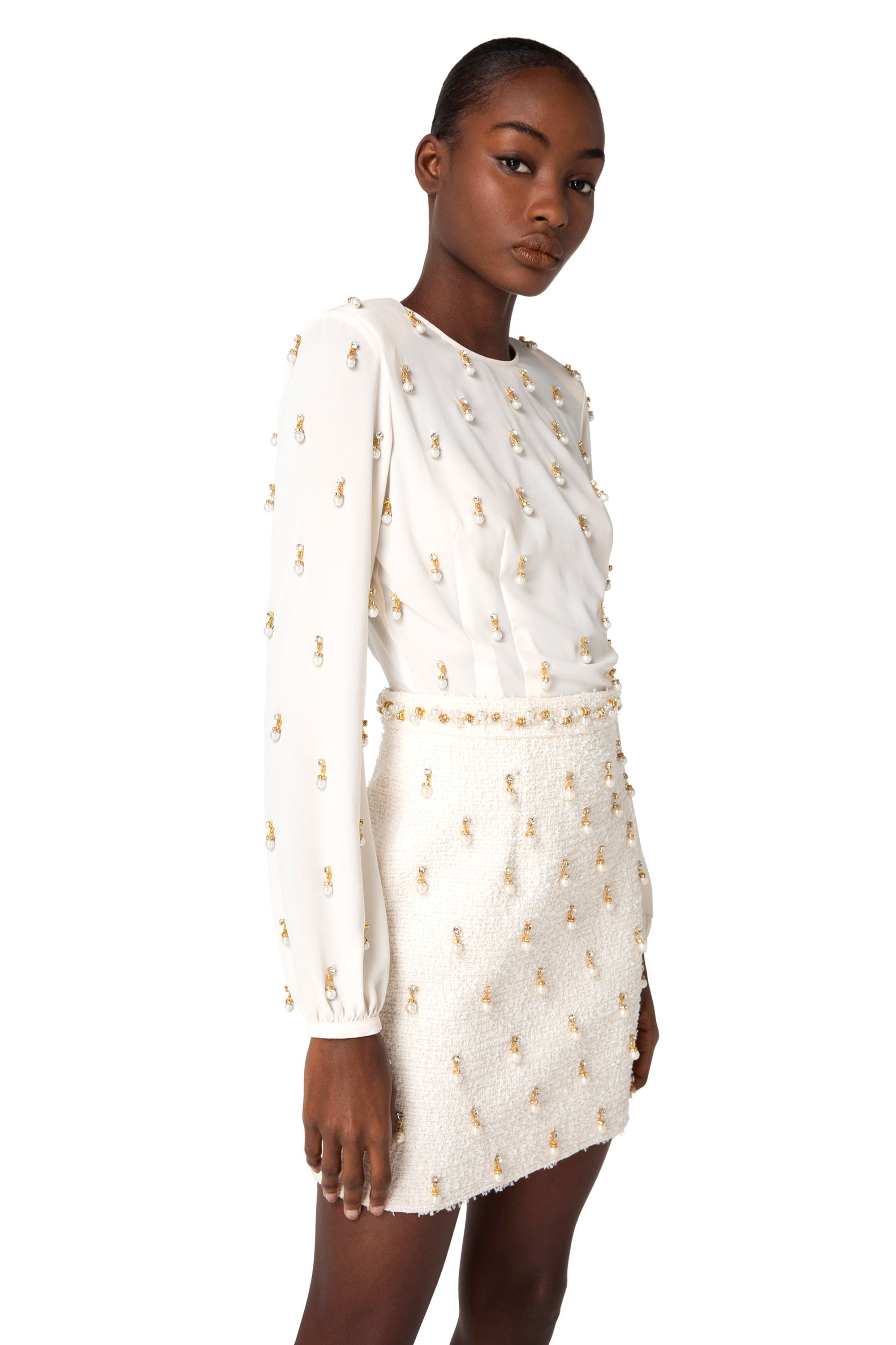 Mini-dress in embroidered georgette and tweed | Elisabetta Franchi® Outlet