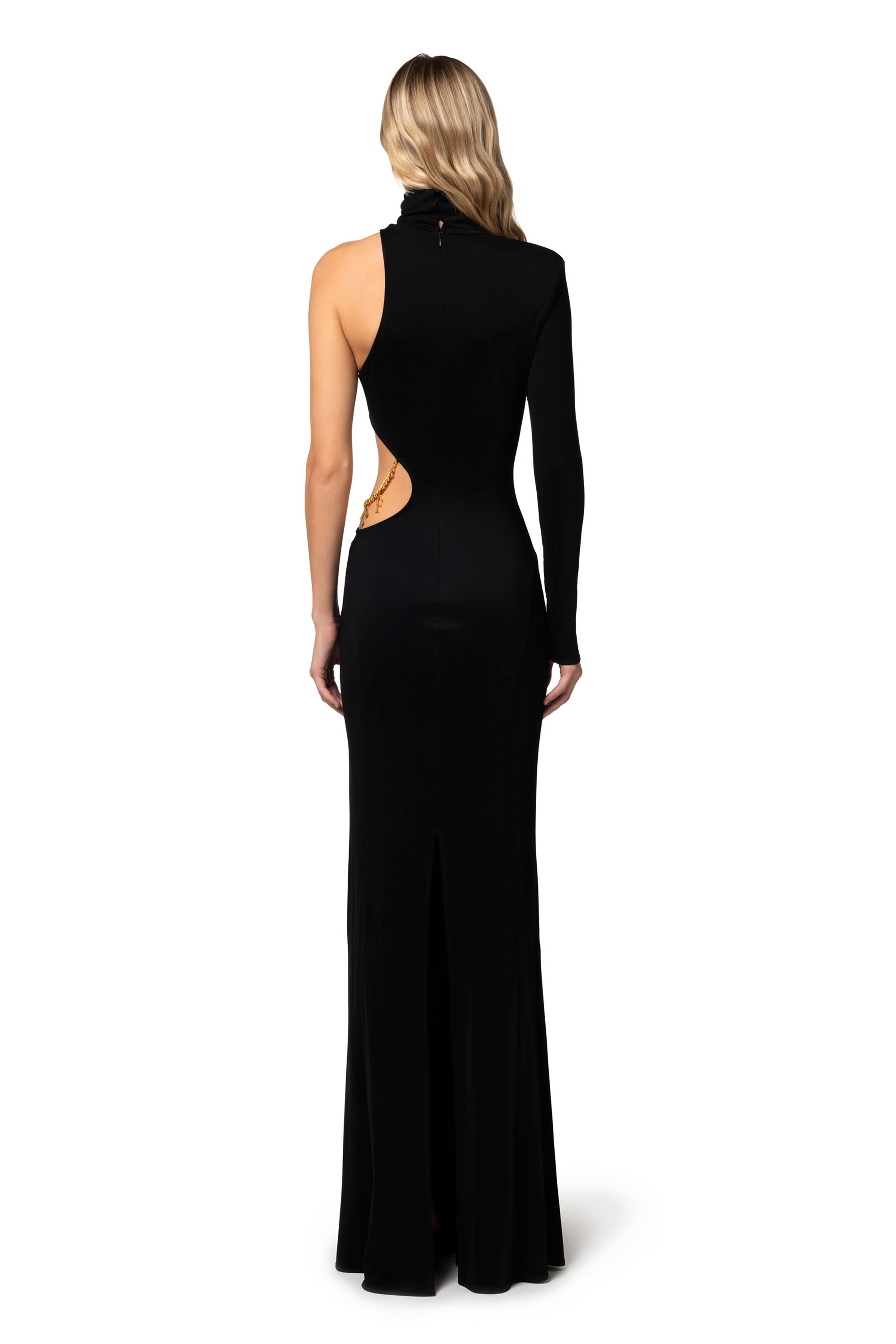 Red carpet one-shoulder dress in shiny jersey with cut-outs Red carpet one-shoulder dress in shiny jersey with cut-outs