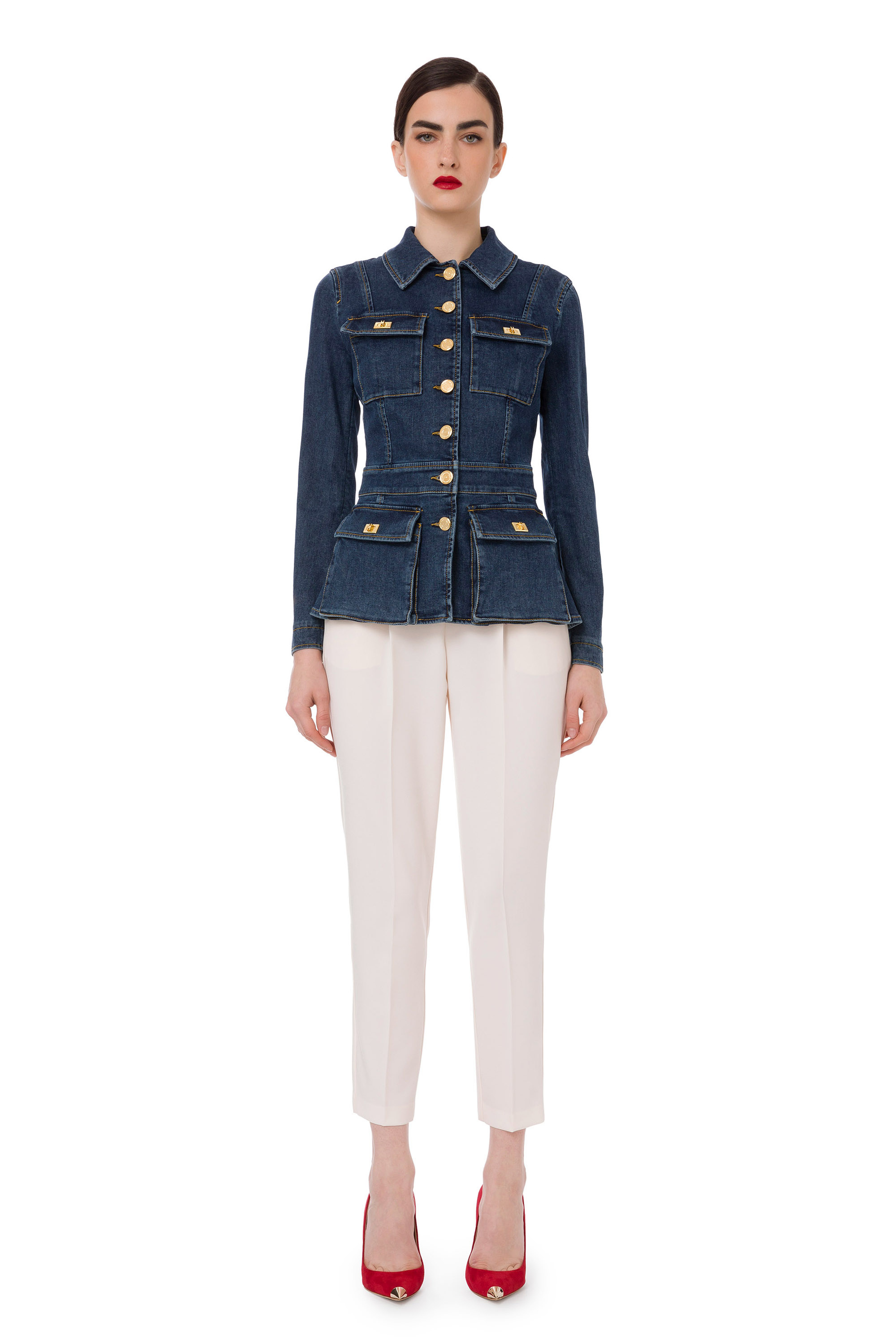 Denim jacket with peplum and gold details Elisabetta Franchi Outlet