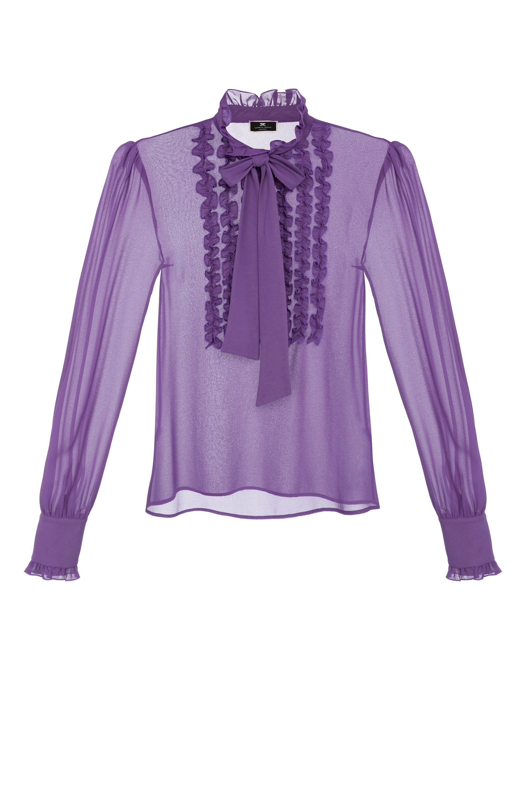 Blouse with high collar, ruffles and bow