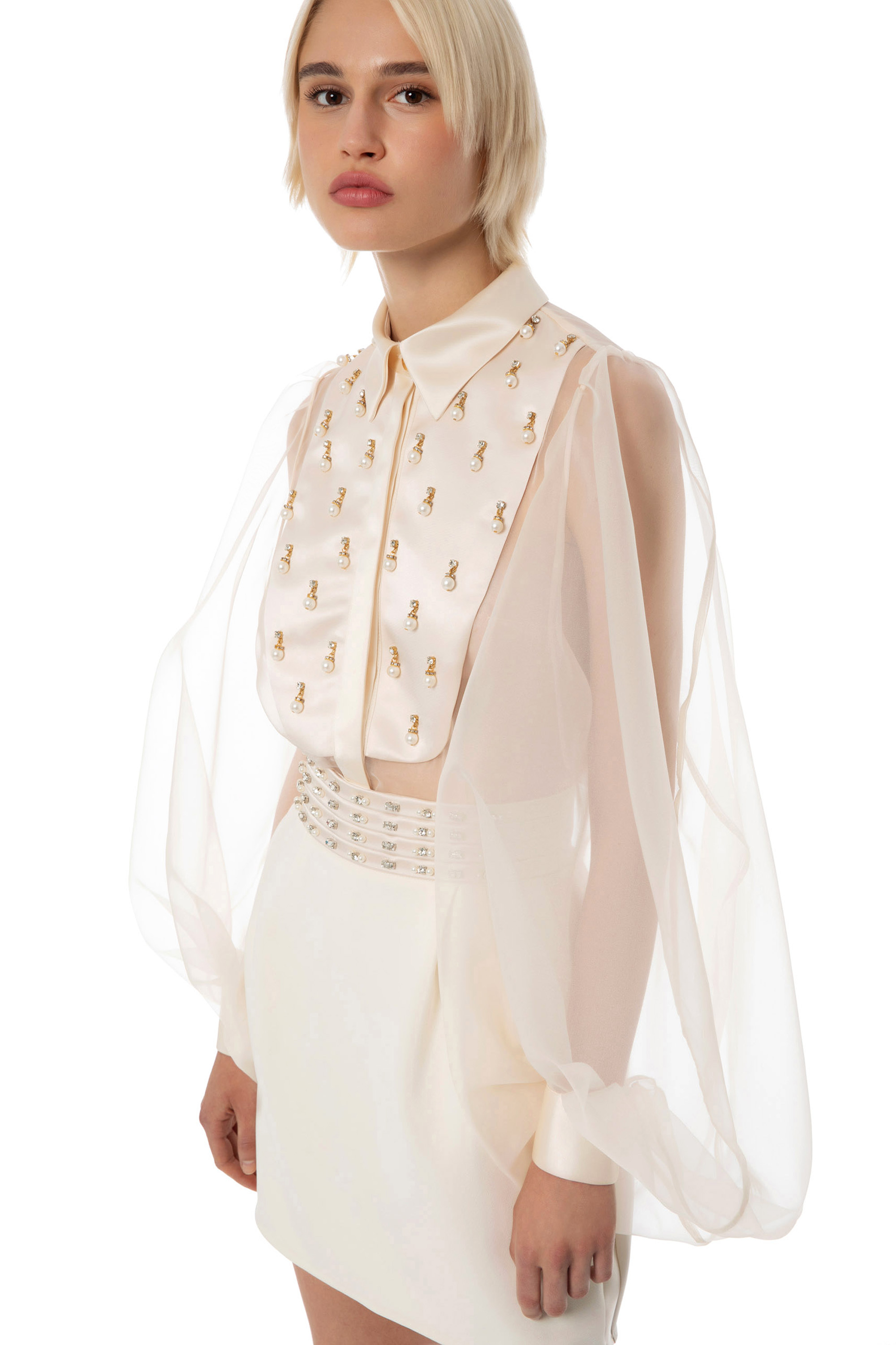 Bodysuit-style blouse in organza fabric with embroidered bib | Elisabetta  Franchi® Outlet